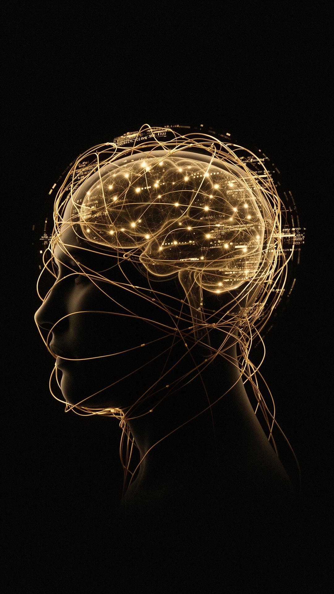 Mente humana envolvida por linhas digitais douradas