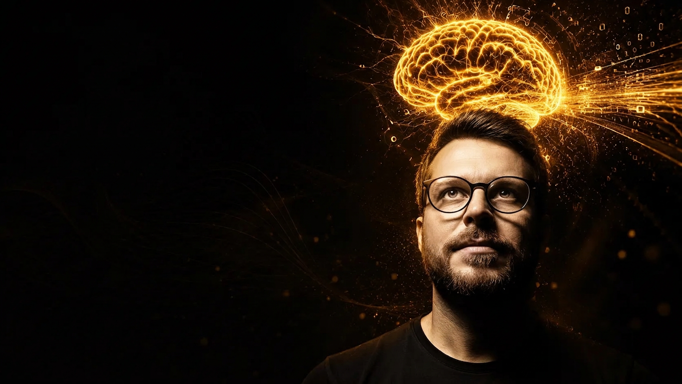 Dr. Ernane com cérebro luminoso dourado — consciência neurocomportamental