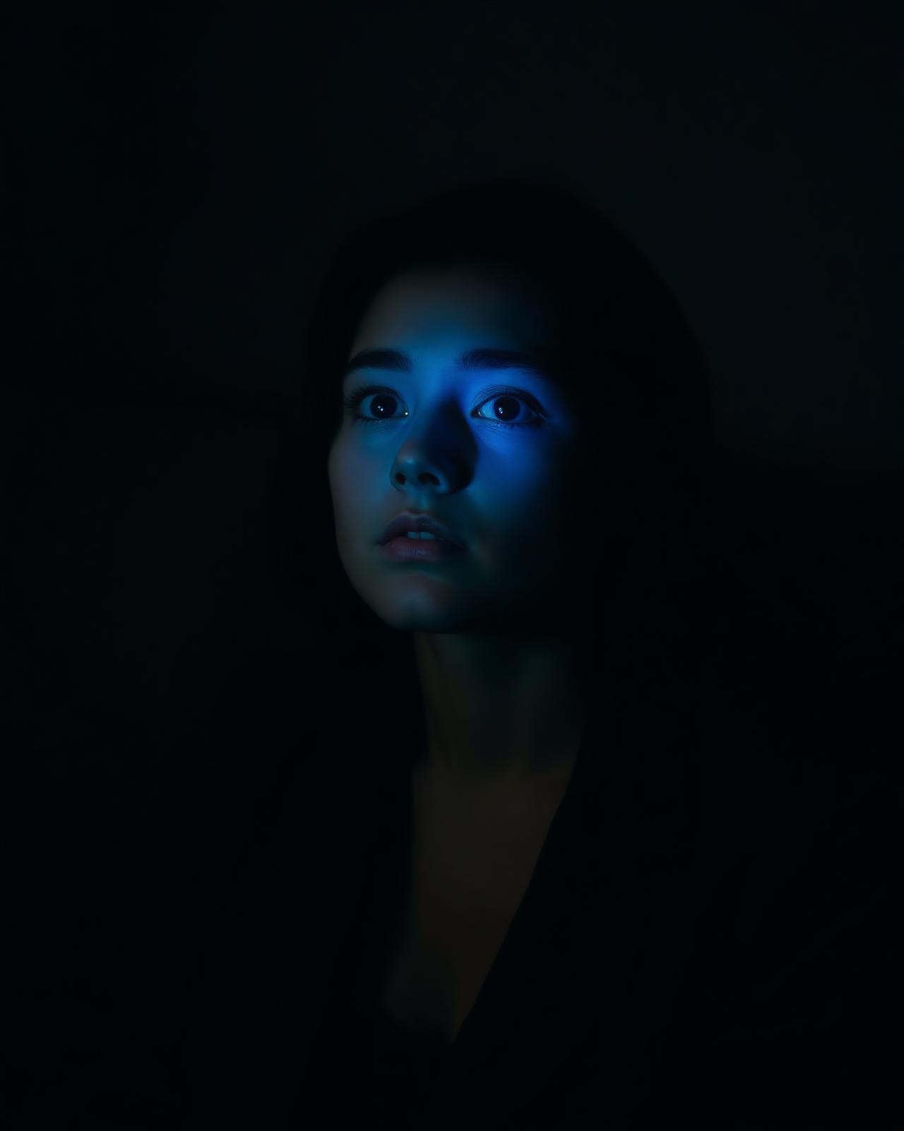 Mulher iluminada pela luz fria de uma tela em ambiente escuro
